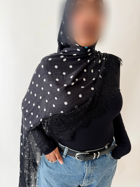 Black White Polka Dots Black Lace
